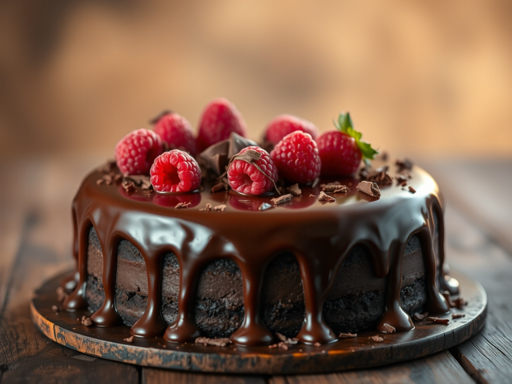 A rich chocolate cake topped with glossy ganache, chocolate shavings, and fresh raspberries on a rustic wooden table , Cake Flavors