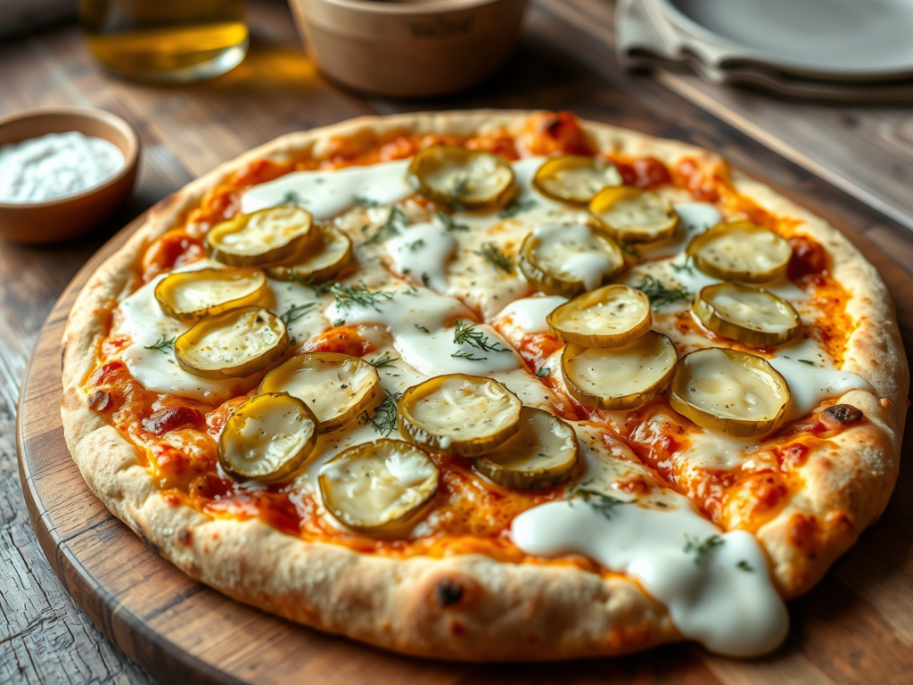 A golden-brown thin crust pizza topped with melted mozzarella cheese, sliced dill pickles, and a drizzle of garlic sauce, served on a wooden pizza board