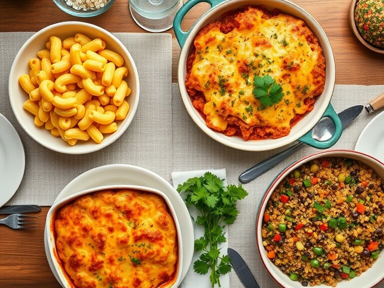 Three colorful casseroles—mac and cheese, enchilada casserole, and quinoa bake—on a dinner table