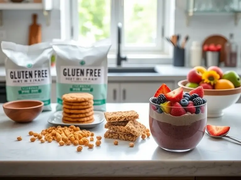 A kitchen counter with gluten-free snacks like almond flour cookies, granola bars, and a smoothie bowl with fresh fruit , Snacks Gluten-Free