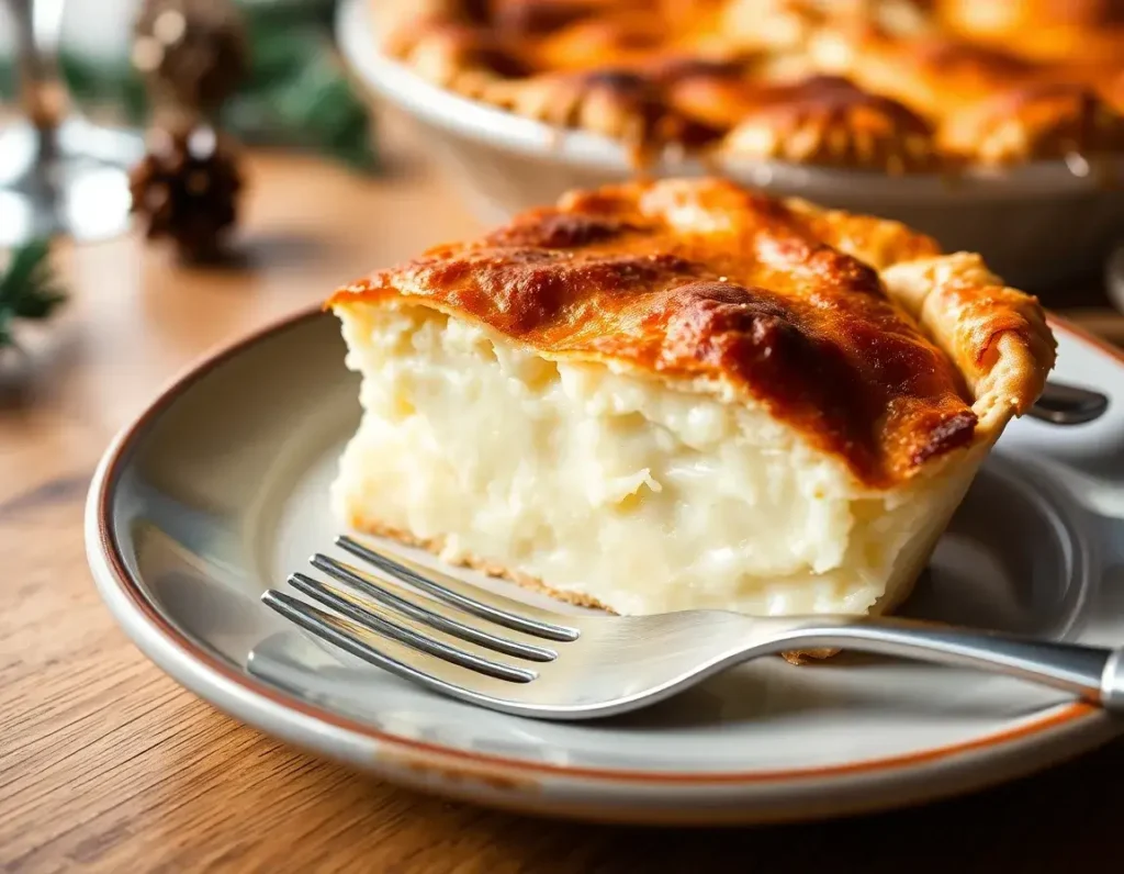 Close-up of a slice of Passover Potato Pie with creamy filling and crispy top