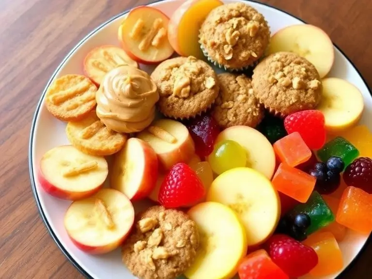 A platter of colorful gluten-free snacks including apple nachos with nut butter, banana oat muffins, and fruit gummies.