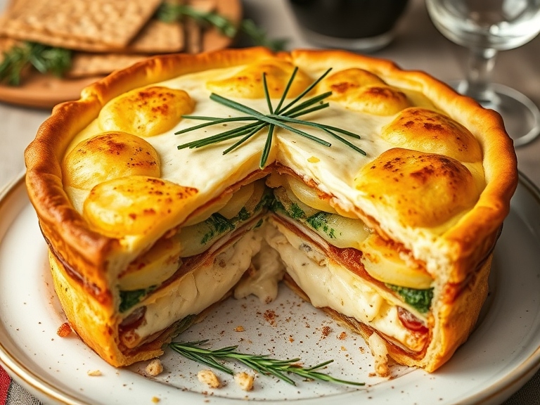 Sliced layered potato pie revealing golden potato layers, sautéed vegetables, and creamy filling, garnished with herbs and surrounded by Passover items