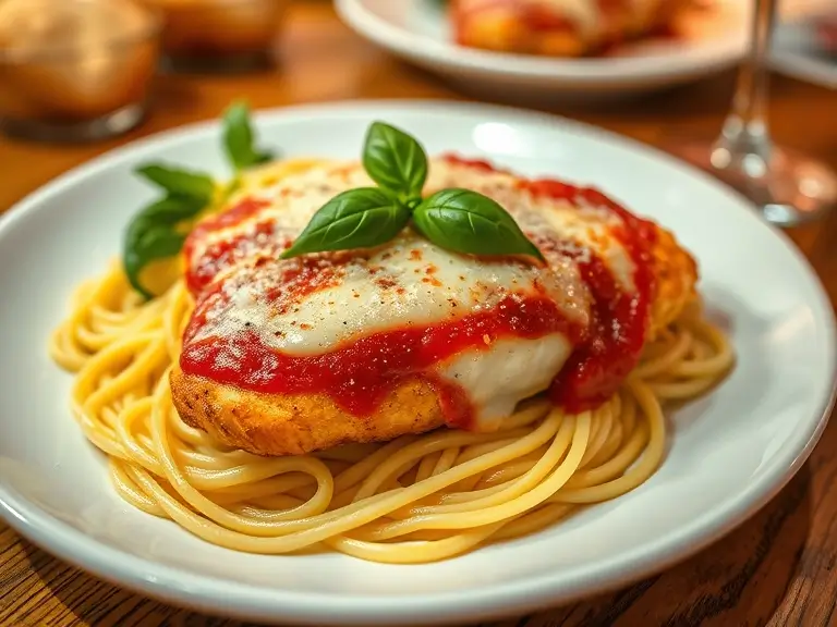 Classic Little Big Meal Chicken Parmesan topped with marinara sauce, melted mozzarella, and parmesan cheese, garnished with fresh basil