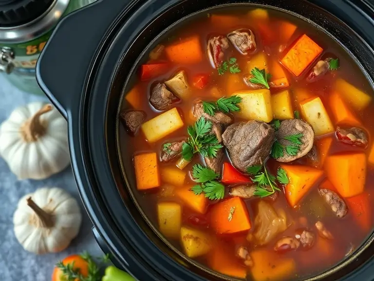 A slow cooker filled with simmering beef vegetable soup, rich broth, and colorful vegetables, surrounded by garlic, thyme, and raw vegetables