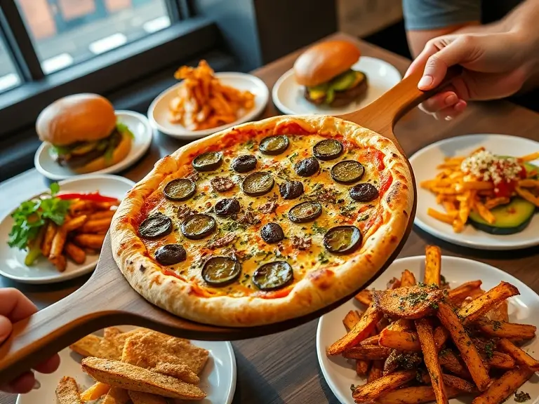 Pickle pie pizza served on a wooden paddle, with melted cheese and pickles, surrounded by trendy gourmet dishes