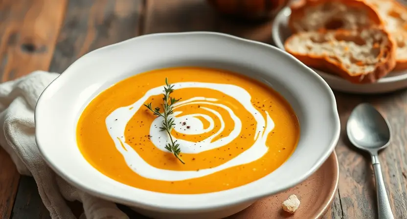 A creamy butternut squash soup garnished with thyme and black pepper, served with crusty bread on a rustic table.