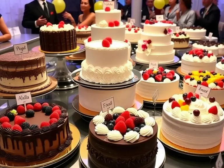 A colorful buffet of cake flavors, including chocolate, vanilla, fruit, and exotic options, beautifully styled with edible flowers and fresh berries