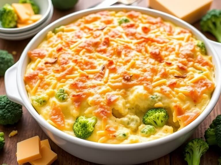 A close-up of a cheesy broccoli and cheddar casserole dish with a golden, crispy top
