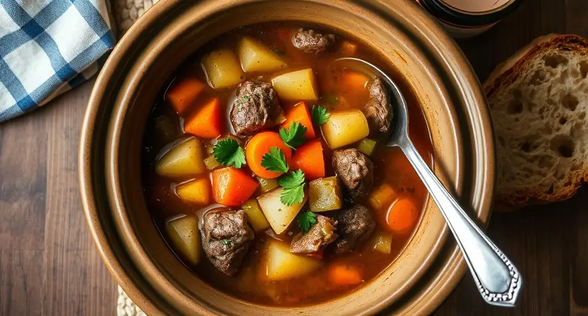 Beef vegetable soup crock pot with tender beef, carrots, and potatoes.