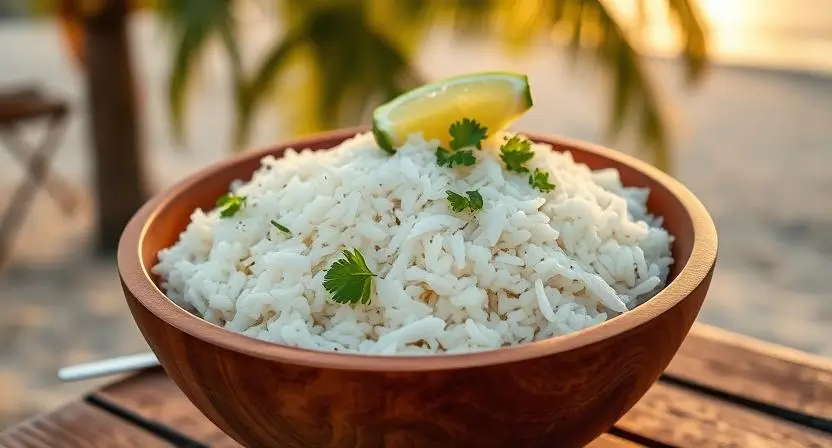 A wooden bowl filled with fluffy coconut rice, garnished with shredded coconut and lime wedges, with a tropical backdrop