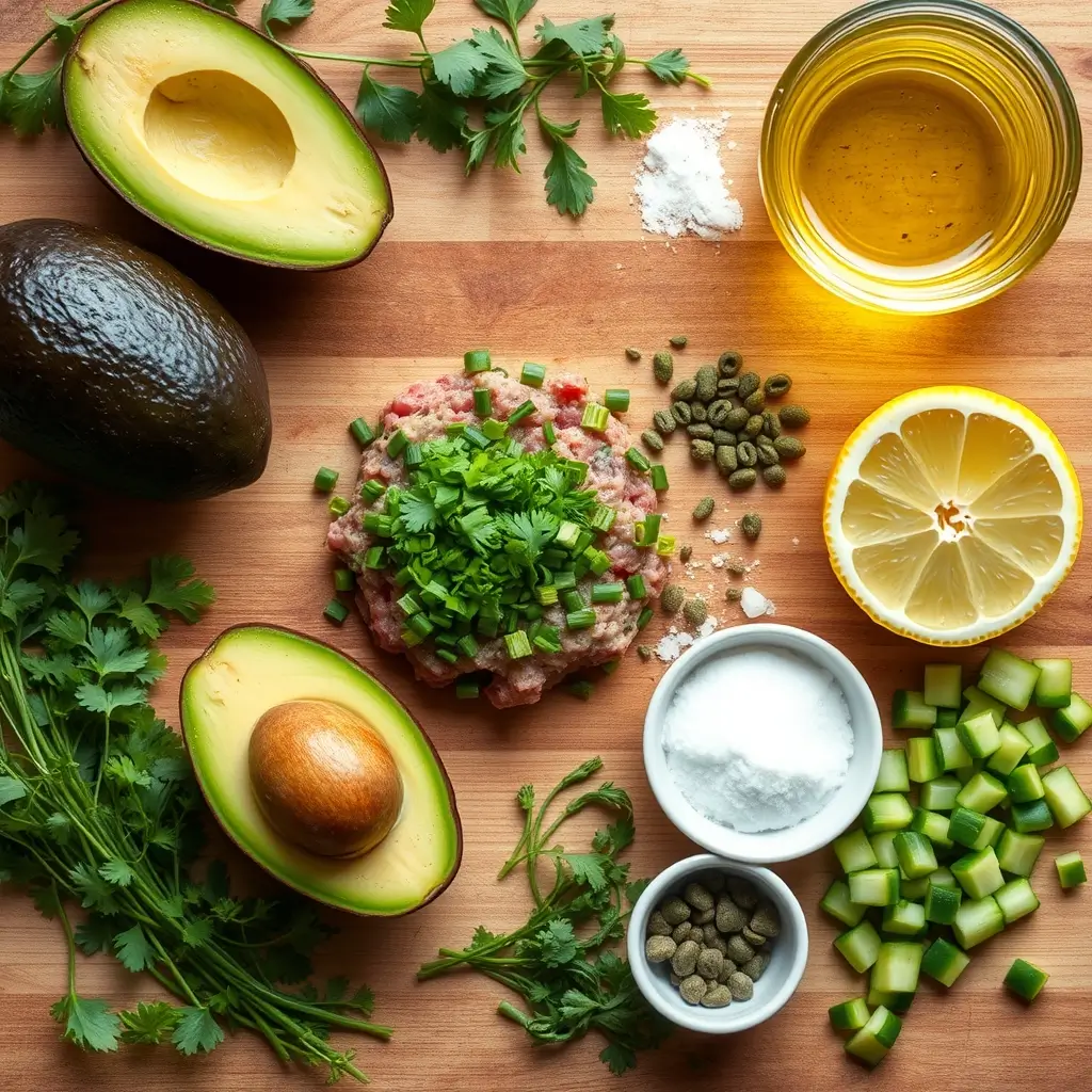A flat lay image of fresh ingredients for Herbed Avocado Tartare, including ripe avocados, lemon, olive oil, chopped fresh herbs like parsley, chives, and dill, salt, pepper, and optional ingredients like capers and diced cucumbers. The items are neatly arranged on a wooden cutting board or rustic kitchen surface, with a light and natural setting, ideal for a food blog.







A flat lay image of fresh ingredients for Herbed Avocado Tartare, including ripe avocados, lemon, olive oil, chopped fresh herbs like parsley, chives, and dill, salt, pepper, and optional ingredients like capers and diced cucumbers. The items are neatly arranged on a wooden cutting board or rustic kitchen surface, with a light and natural setting, ideal for a food blog.






Herbed Avocado Tartare
