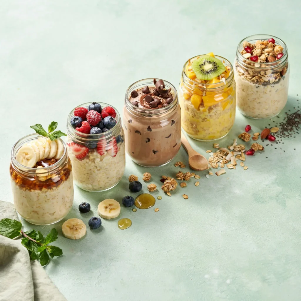 Five mason jars filled with different overnight oats recipe variations topped with banana, mixed berries, chocolate chips, mango, and granola on a pastel background