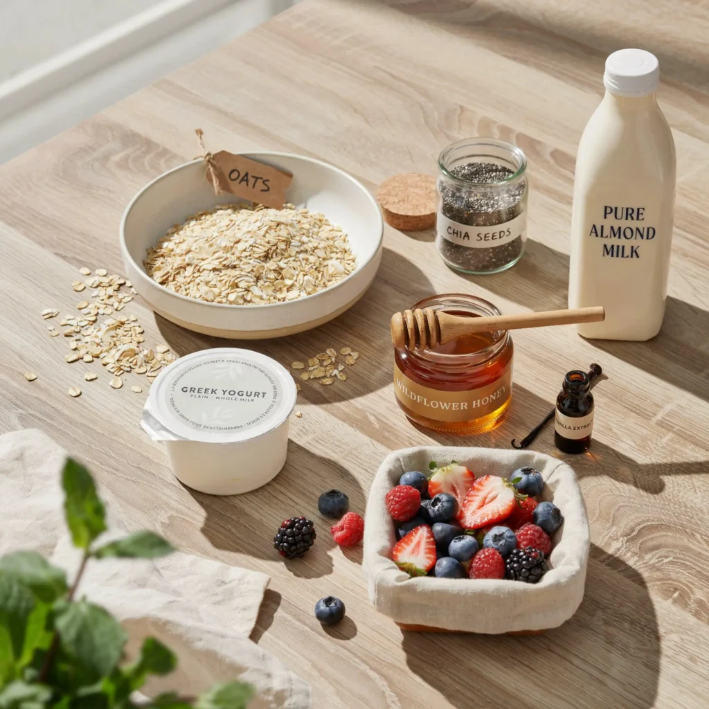 Flat lay of overnight oats recipe ingredients including rolled oats, chia seeds, almond milk, Greek yogurt, honey, and fresh berries on a light wooden surface