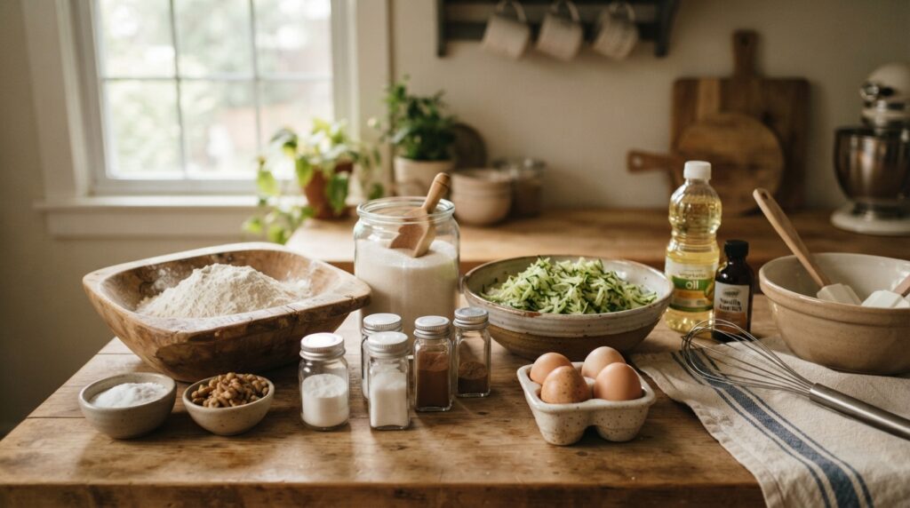 Flour, sugar, eggs, and zucchini bread ingredients arranged on a counter Flour, sugar, eggs, and zucchini bread ingredients arranged on a counter
