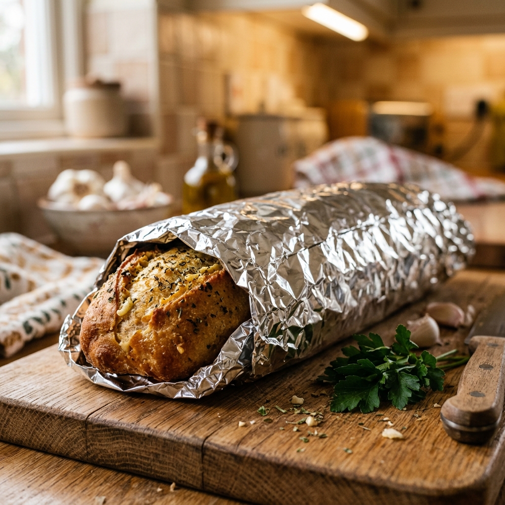 Foil-wrapped garlic bread ready to store in the freezer