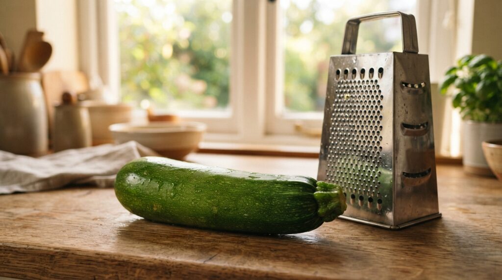 Fresh zucchini resting beside a box grater for quick bread Fresh zucchini resting beside a box grater for quick bread