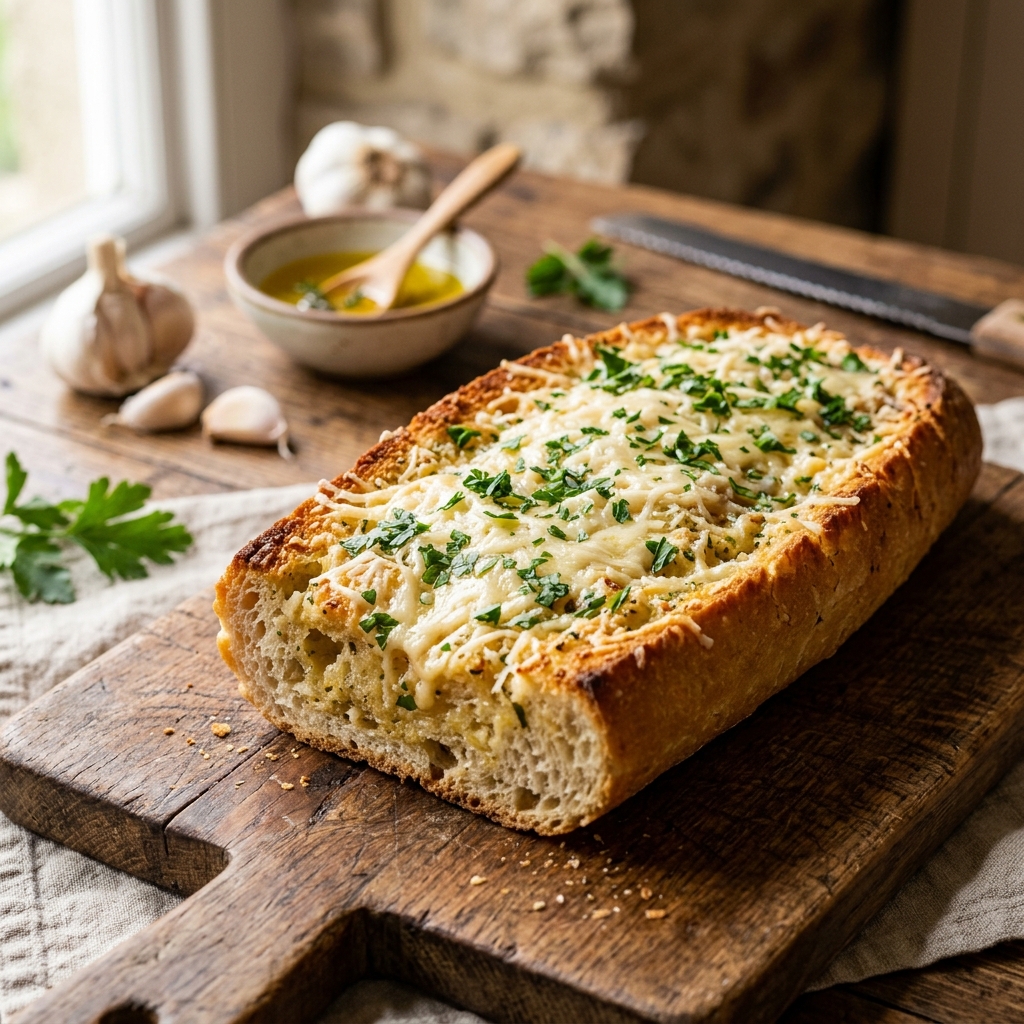 Grated Parmesan and parsley on a garlic bread loaf