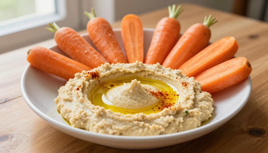 Hummus and carrots arranged as balanced afternoon snacks